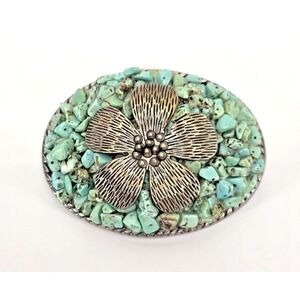 Vintage Ivan Faux Turquoise Chip Stone Floral Sunflower Western Belt Buckle